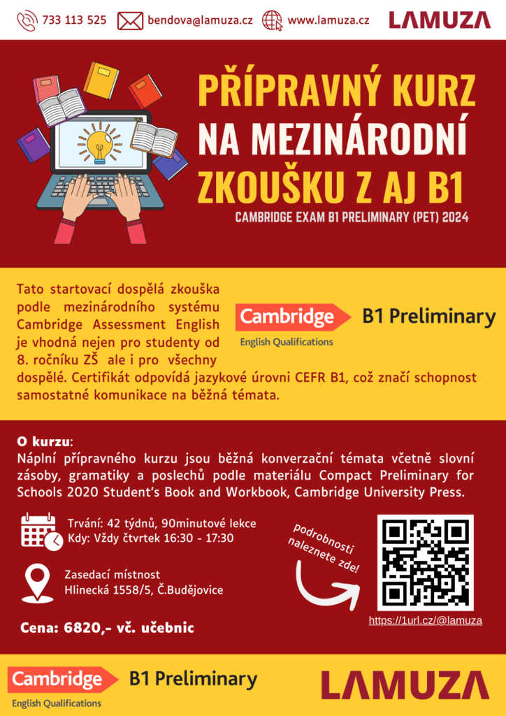 Přípravný kurz na B1 Preliminary (PET), Lamuza, Cambridge, doučování
